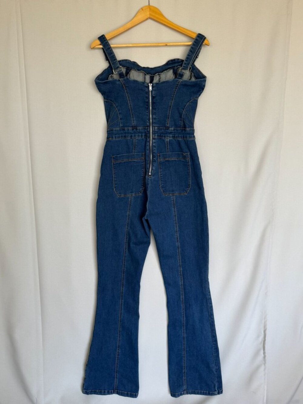 Bebe Blue Stretch Denim Sweetheart Corset Strap Flare Leg Jumpsuit Size 12 Tall - Picture 5 of 14